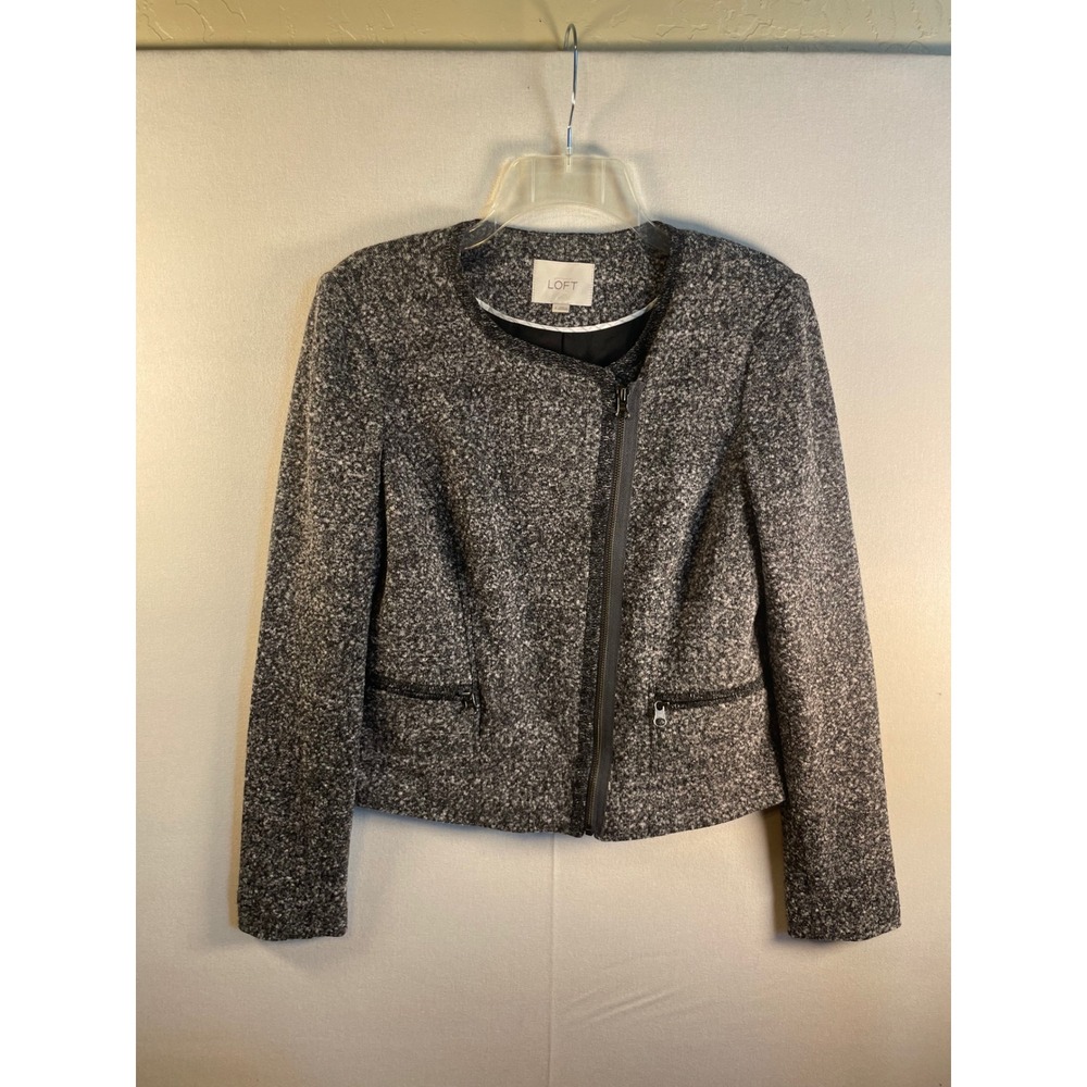 LOFT Grey Salt and Pepper Tweed Asymmetrical Zip Moto Jacket Womens Size 4 - Picture 2 of 7